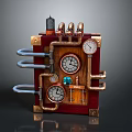 Steampunk Style Equipment With Brass Pipes Multiple Gauges Wooden Frame And Small Black Chimney