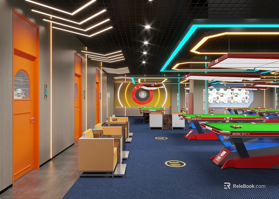 Modern Billiard Room Interior With Neon Lights Billiard Tables And Comfortable Seats 3d model 
