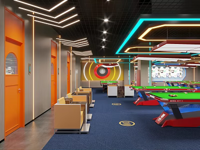 Modern Billiard Room Interior With Neon Lights Billiard Tables And Comfortable Seats 3d model