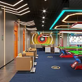 Modern Billiard Room Interior With Neon Lights Billiard Tables And Comfortable Seats