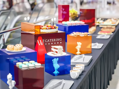 Colorful Catering Food Buffet Display With Assorted Desserts Cake Macarons Donuts And Coffee Cups 3d model