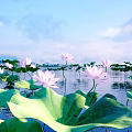 Beautiful Pink Lotus Flowers and Green Leaves on Water Surface with Blue Sky White Clouds