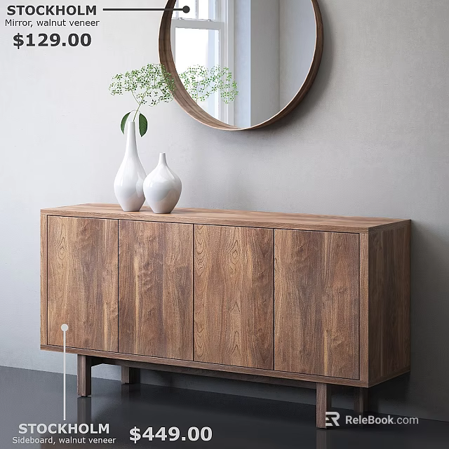 Walnut Wood Chest of Drawers With White Vases Green Plants and Round Mirror 3d model 