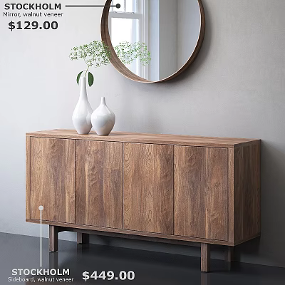 Walnut Wood Chest of Drawers With White Vases Green Plants and Round Mirror 3d model