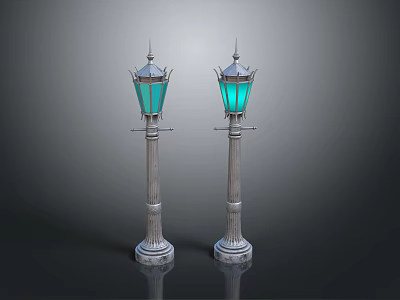 Vintage Street Lamps With Silver Poles Blue Shades Spire Decorations And Carved Bases 3d model