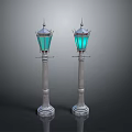 Vintage Street Lamps With Silver Poles Blue Shades Spire Decorations And Carved Bases