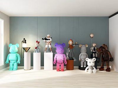Colorful Decorative Dolls with Blue Pink White Brown Striped Designs Displayed on Stands in Modern Room 3d model