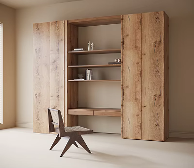 Minimalist Modern Built in Wooden Desk With Open Bookshelves Cabinet And Accent Chair 3d model