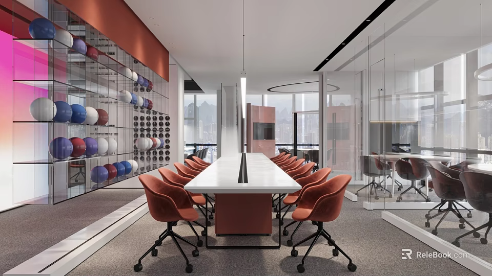 Modern Conference Room Interior With Long Table Orange Chairs Colorful Spherical Wall And City View 3d model 