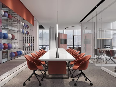 Modern Conference Room Interior With Long Table Orange Chairs Colorful Spherical Wall And City View 3d model