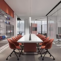 Modern Conference Room Interior With Long Table Orange Chairs Colorful Spherical Wall And City View