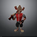 3D Fantasy Character With Large Ears Red Vest Black Shorts Holding Blaster In Standing Pose