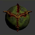 Green Egg Shaped Object With Red Yellow Spiked Top And Surface Patterns