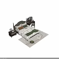 Double Bed with Wooden Frame and Green Headboard Cozy Bedding Pillows Nightstand on Rug