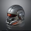 Futuristic Mechanical Armored Helmet With Silver Finish Red Visor And Circular Components
