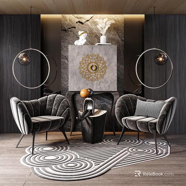 Leisure Sofa Set With Gray Velvet Armchairs Round Mirrors And Marble Accent Wall 3d model 