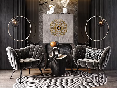 Leisure Sofa Set With Gray Velvet Armchairs Round Mirrors And Marble Accent Wall 3d model