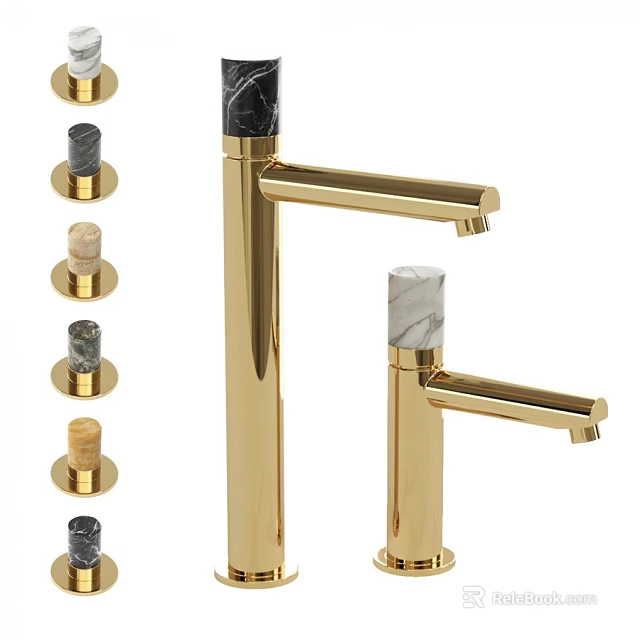 Golden Faucets with Marble Top in Various Styles and Bathroom Accessories 3d model 