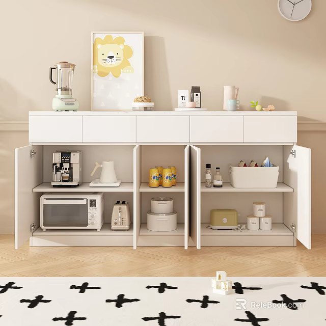 Modern White Sideboard With Open Storage Shelves For Kitchen Appliances Containers And Decor 3d model 