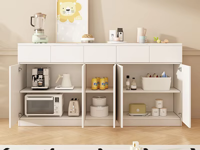 Modern White Sideboard With Open Storage Shelves For Kitchen Appliances Containers And Decor 3d model