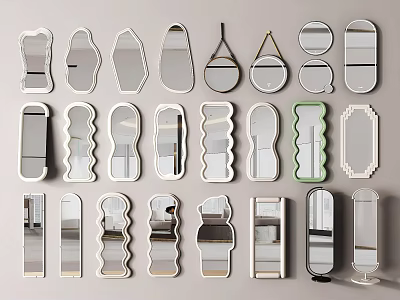 Display Of Various Shaped Decorative Mirrors With Unique Frame Designs 3d model