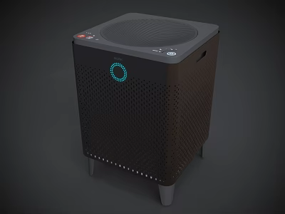 Black Digital Speaker With Circular Top Grille Green Indicator Side Buttons And Bottom Feet 3d model