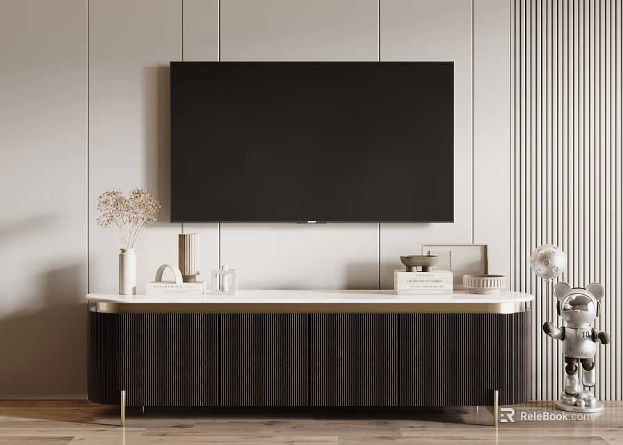 Stylish Dark Wood TV Stand With Gold Legs And Decorative Items On Light Striped Wall 3d model 
