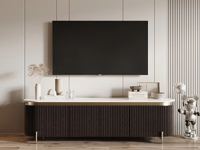 Stylish Dark Wood TV Stand With Gold Legs And Decorative Items On Light Striped Wall 3d model