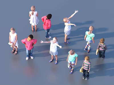 Group of children in various playful poses standing on gray ground 3d model