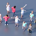 Group of children in various playful poses standing on gray ground