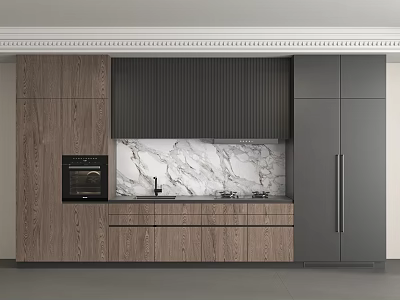 Modern Kitchen Interior With Wooden Cabinets Marble Countertop Dark Vertical Slat Backsplash Oven And Refrigerator 3d model