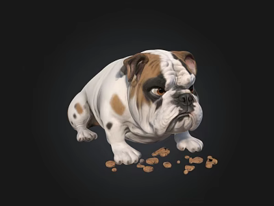 Bulldog With White And Brown Coat Sitting Near Scattered Dog Food Pieces 3d model