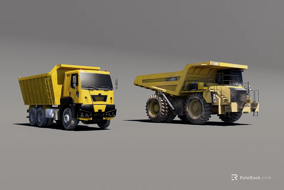 Two Yellow Heavy Duty Dump Trucks Road And Mining Types With Large Tires 3d model 