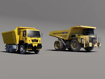 Two Yellow Heavy Duty Dump Trucks Road And Mining Types With Large Tires 3d model