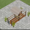 Wooden Pergola With Thatch Roof In Outdoor Paved Area With Potted Plants