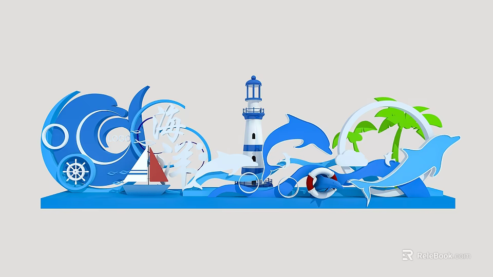 Vibrant Coastal Photo Spot With Lighthouse Dolphins Sailboat Waves And Palm Trees 3d model 