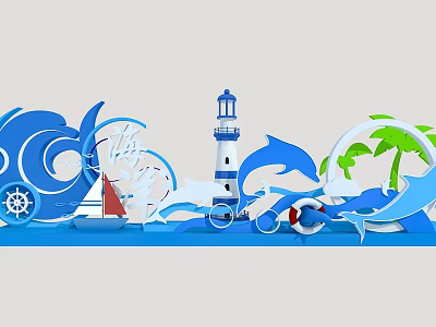 Vibrant Coastal Photo Spot With Lighthouse Dolphins Sailboat Waves And Palm Trees 3d model