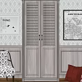 Classic Louvered Door Wardrobe in Room with Decorative Wall Art and Wainscoting