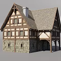Medieval Timber Framed Building With Stone Wall Base Sloped Roof And Multiple Windows