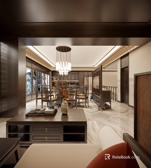 Traditional Chinese Restaurant Interior With Hanging Chandelier Dining Table Wooden Chairs Decorative Plants And Screen 3d model 