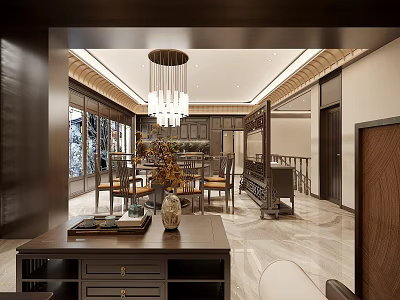 Traditional Chinese Restaurant Interior With Hanging Chandelier Dining Table Wooden Chairs Decorative Plants And Screen 3d model