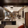 Traditional Chinese Restaurant Interior With Hanging Chandelier Dining Table Wooden Chairs Decorative Plants And Screen