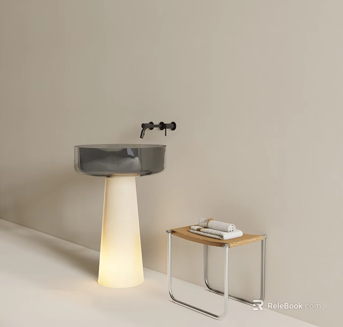 Contemporary Glass Washbasin With White Pedestal Black Faucet Small Table Rolled Towels Light Colored Background 3d model 