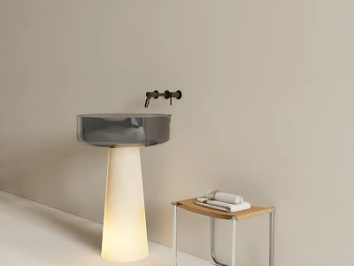 Contemporary Glass Washbasin With White Pedestal Black Faucet Small Table Rolled Towels Light Colored Background 3d model