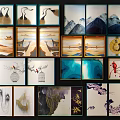Various Style Landscape Paintings With Mountain Scenes Birds And Decorative Frames 3d model
