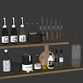 Stylish Kitchen Utensils With Knives Cutting Boards Spices Bottles And Vase On Wooden Shelves