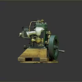 Vintage Green Mechanical Pump With White Components Large Wheel And Wooden Base