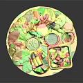 Assorted Food Platter With Dumplings Sauce Cups Lemon Slice Mango And Dragon Fruit
