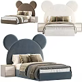 Modern Gray And White Kids Bed With Mickey Mouse Ear Velvet Headboard Design