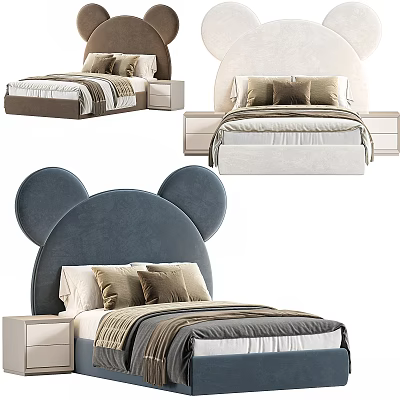 Modern Gray And White Kids Bed With Mickey Mouse Ear Velvet Headboard Design 3d model